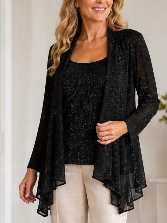 Alex Evenings Sweaters - Alex Evenings Black Glitter Pleated Tank & Open Cardigan 2-Piece Set Women’s NWT